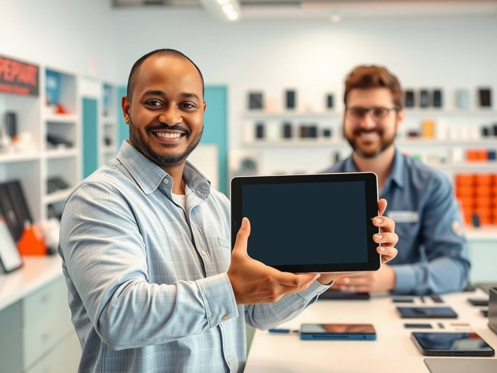 Two men in a tech store, one holding a tablet and smiling, while the other stands behind him, also smiling.