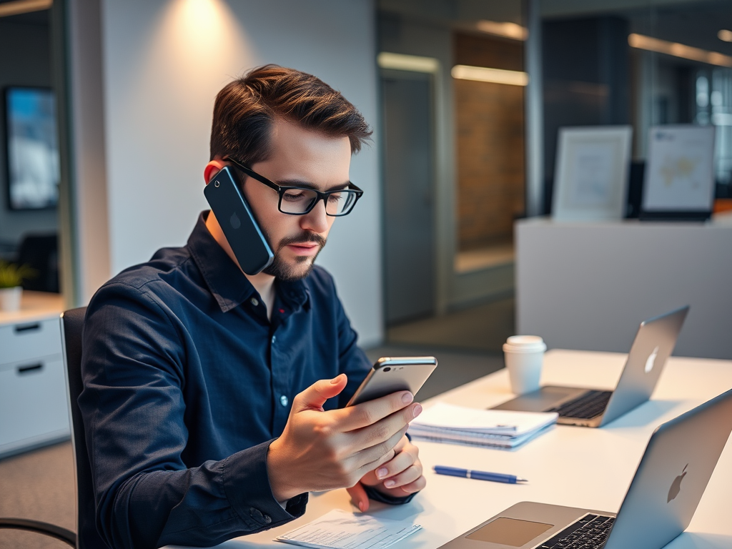 A man in a blue shirt talks on the phone while using a smartphone at an office desk with laptops and a coffee cup.