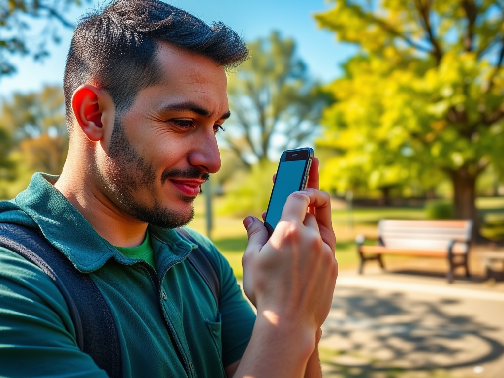 A young man in a park smiles while looking at his smartphone, surrounded by trees and a bench in the background.