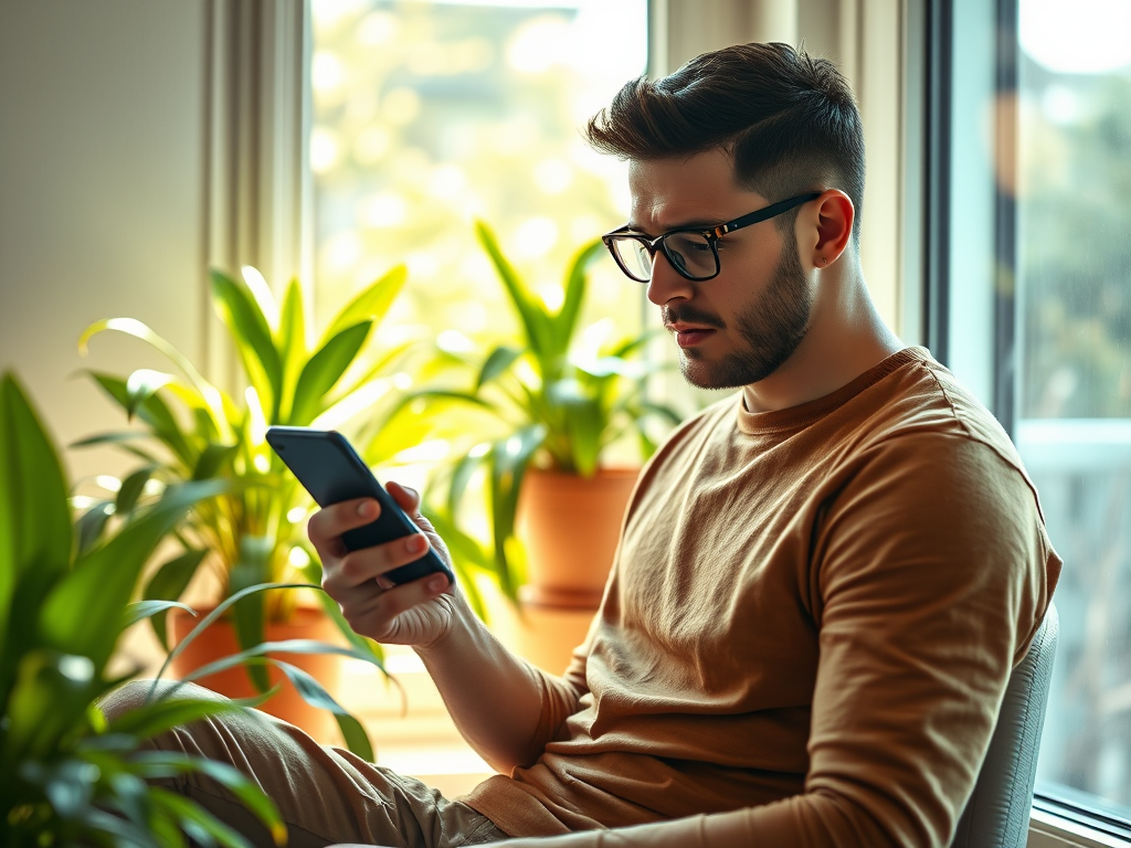 A man in glasses sits by a window, looking at his phone, surrounded by vibrant green plants in pots.