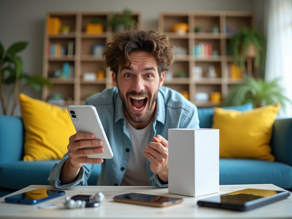 Excited man using smartphone with gadgets on table in a living room.