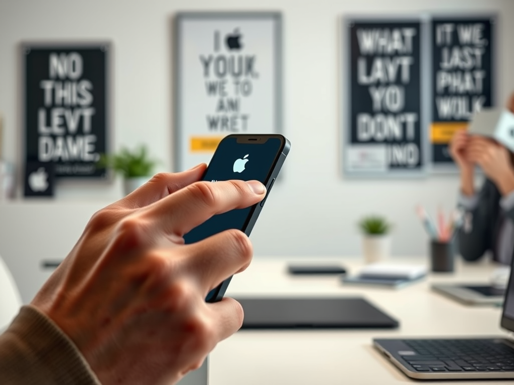 A person holding a smartphone with the Apple logo, in an office with motivational posters in the background.