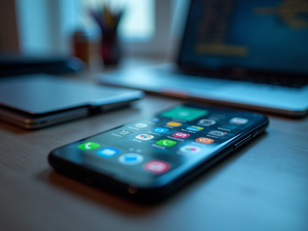 Smartphone with apps on the screen, placed on a desk next to a laptop and notebook.