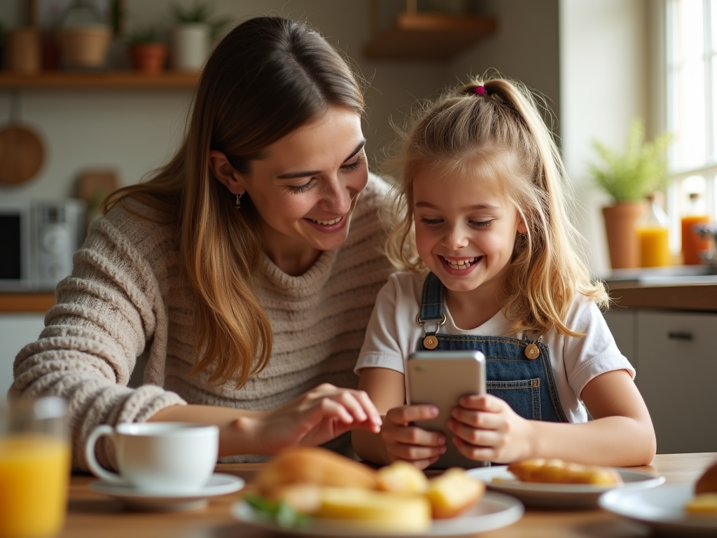 Mother and daughter smiling while looking at a smartphone in a bright kitchen.