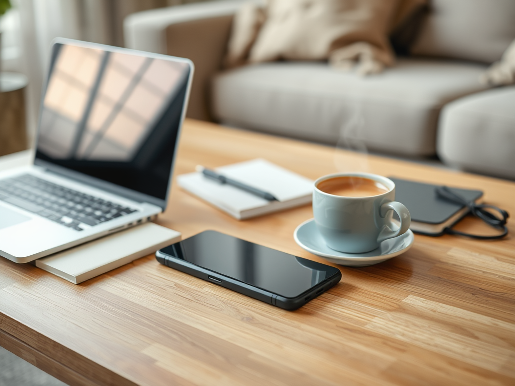 A cozy workspace featuring a laptop, smartphone, notepads, a pen, and a steaming coffee cup on a wooden table.