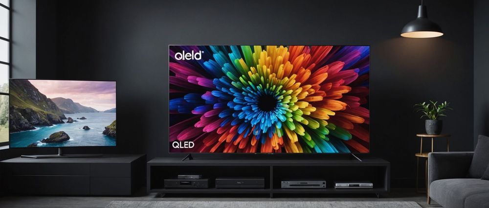 Современная гостиная с большим телевизором QLED, на экране изображение цветка.